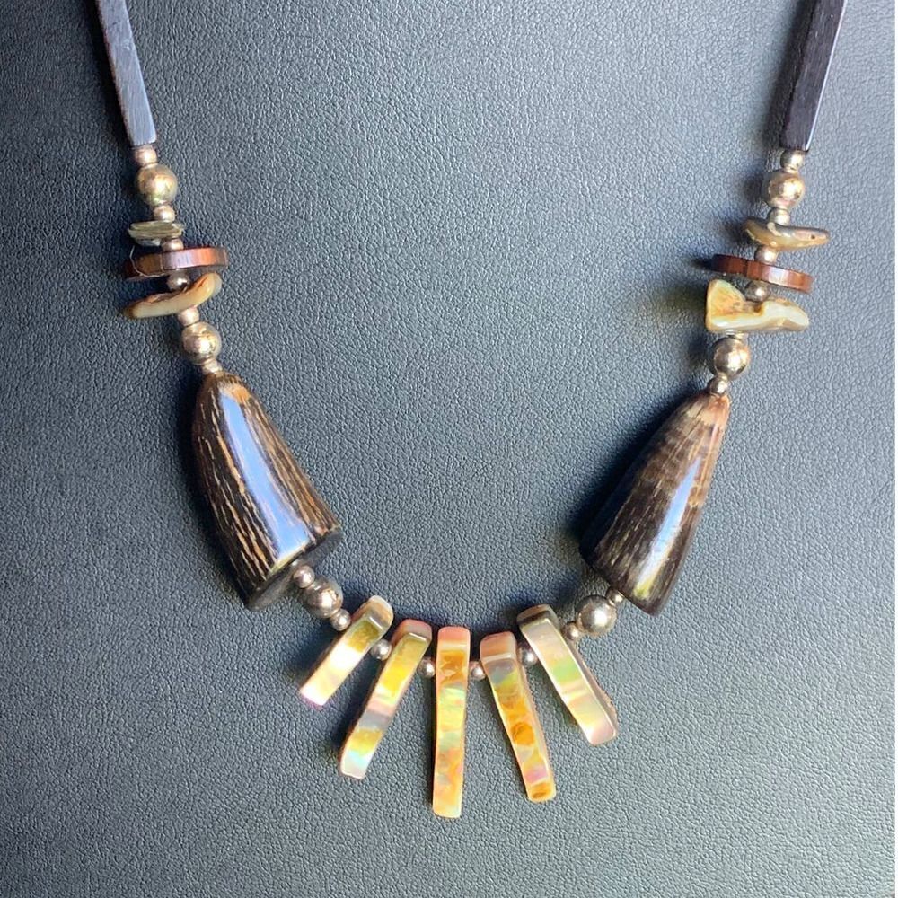 Vintage Abalone and Wood Tribal Necklace, in Silver tone, Unmarked
